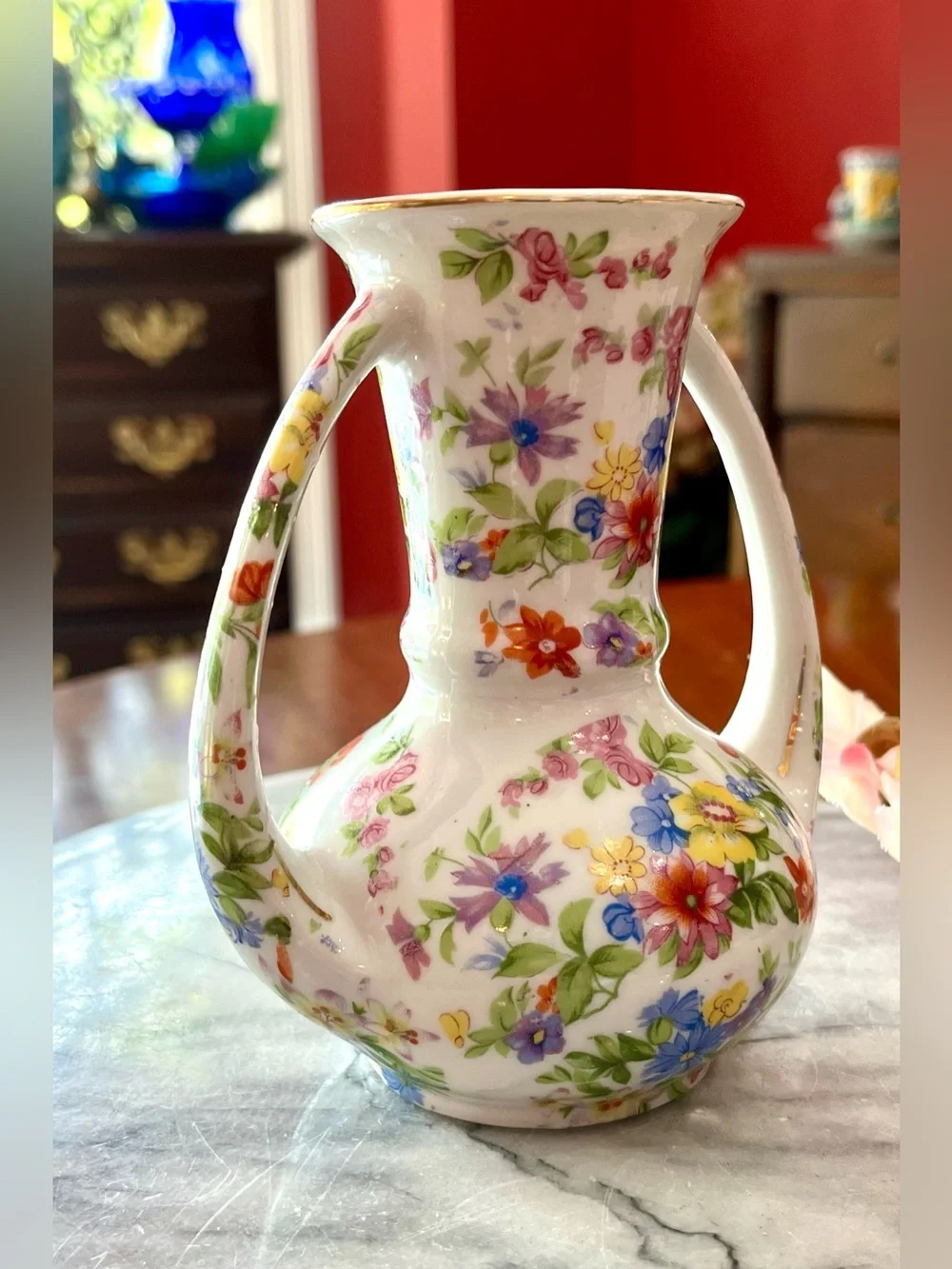 Vintage Gold Castle Japanese Chintz Floral Porcelain Vase Double Handle 5-1/8”
